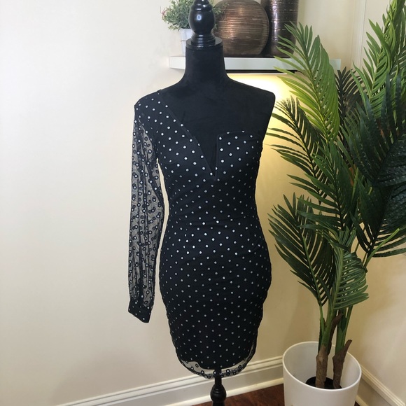 Boohoo Nights Polka Dot One Shoulder Cocktail Dress Silver Black 6 - Picture 2 of 8